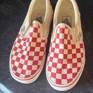 Vans Women’s Red and Cream Checkerboard Slip-On Sneakers